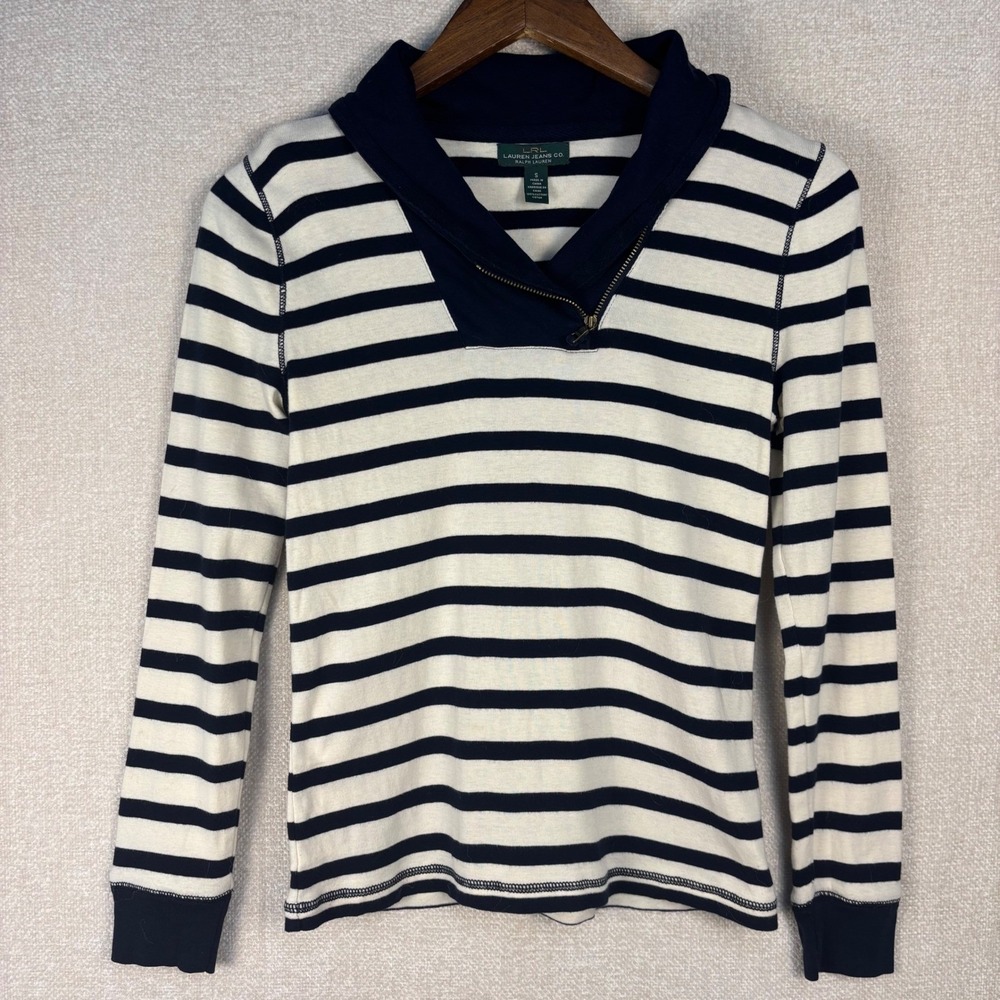 Lauren Ralph Lauren Striped Shirt Shawl Collar Zip Pullover Top Navy White Small